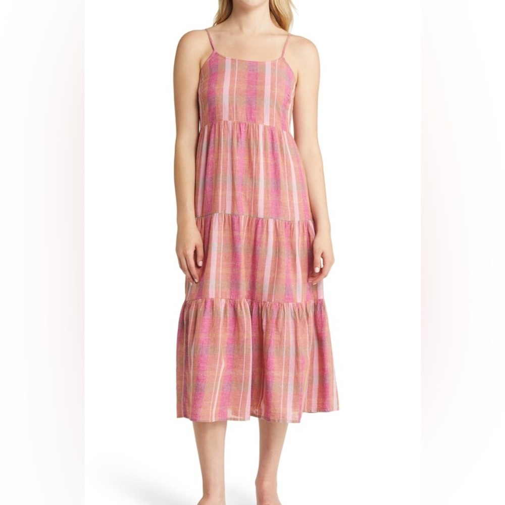 NWOT -- BeachLunchLounge Lana Madras Plaid Linen Blend Tiered Midi Sundress